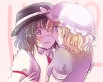  blonde_hair blue_eyes blush bow brown_eyes brown_hair dress hair_bow hat kokonoha_mikage looking_at_another maribel_hearn multiple_girls necktie open_mouth ribbon short_hair touhou trembling usami_renko yuri 