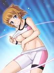  areolae bare_shoulders bike_shorts blue_background blue_eyes blush bracelet breasts brown_hair collarbone gundam gundam_build_fighters gundam_build_fighters_try harukigenia hoshino_fumina jewelry large_breasts light_particles shirt_lift short_hair smile solo sports_bra sweat underboob 