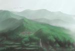  bird cloud cloudy_sky day flock fog forest from_above gensoukyou highres koshi_(koshi_vortex) light_rays mountain nature no_humans original path rice_paddy river road scenery shrine signature sketch sky stairs stream sunlight torii touhou tree vanishing_point village 