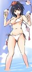  bikini black_hair blush d: hat kamukamu_(ars) navel open_mouth pom_pom_(clothes) red_eyes shameimaru_aya short_hair solo swimsuit tokin_hat touhou wardrobe_malfunction 