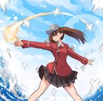  brown_eyes brown_hair dress_shirt kantai_collection long_hair magatama nueco onmyouji ryuujou_(kantai_collection) shikigami shirt skirt solo twintails visor_cap water 