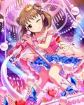  artist_request brown_eyes brown_hair crown double_bun dress frilled_dress frills gloves hair_ribbon idolmaster idolmaster_cinderella_girls jewelry long_hair microphone microphone_stand munakata_atsumi necklace official_art one_eye_closed pink_gloves ribbon solo 
