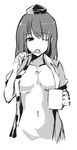  breasts brushing_teeth collarbone collared_shirt covered_nipples cup greyscale hat kamukamu_(ars) medium_breasts monochrome mug navel no_bra one_eye_closed open_clothes open_shirt shameimaru_aya shirt simple_background sketch solo tokin_hat toothbrush toothbrush_in_mouth touhou white_background 