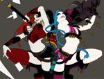  2girls batman_(series) belt blue_hair boots braid breasts bullet bullets crossover dc_comics gun hammer harley_quinn jinx_(league_of_legends) league_of_legends lipstick makeup multicolored_hair multiple_girls navel pink_eyes purple_lipstick shorts small_breasts studded_belt thigh_strap thighhighs twin_braids twintails two-tone_hair weapon weapons 