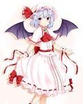  ascot bat_wings blouse blue_hair blush boushi_(nandemo) brooch capelet cowboy_shot hat highres jewelry looking_at_viewer mob_cap red_eyes remilia_scarlet ribbon sash shadow short_hair simple_background skirt skirt_hold skirt_set smile solo standing touhou wings wrist_cuffs wrist_ribbon 