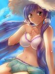  2014 arm_support bare_shoulders between_breasts bikini bikini_skirt breasts card card_between_breasts dated day green_eyes hat large_breasts long_hair looking_at_viewer love_live! love_live!_school_idol_project purple_hair sitting smile solo stomach straw_hat swimsuit toujou_nozomi twintails white_bikini yumi_yumi 