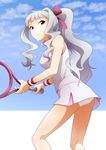  ass idolmaster idolmaster_(classic) panties pantyshot ponytail racket red_eyes ribbon shijou_takane shirt silver_hair skirt sleeveless sleeveless_shirt smile solo sportswear sunsun69 tennis_racket tennis_uniform underwear wristband 