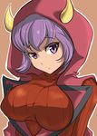  bad_id bad_pixiv_id breasts expressionless fake_horns highres hood hoodie horned_headwear kagari_(pokemon) large_breasts looking_at_viewer matsuchachou pokemon pokemon_(game) pokemon_oras purple_eyes purple_hair ribbed_sweater short_hair solo sweater team_magma uniform 