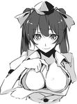  between_breasts bra breast_lift breast_rest breasts breasts_outside cellphone cellphone_camera cleavage collared_shirt come_hither greyscale hat himekaidou_hatate kamukamu_(ars) large_breasts looking_at_viewer monochrome open_clothes open_shirt phone sexually_suggestive shirt simple_background smile solo tokin_hat touhou twintails underwear white_background 