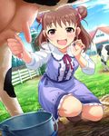  artist_request brown_eyes brown_hair cow double_bun farm hair_ribbon idolmaster idolmaster_cinderella_girls jewelry munakata_atsumi necklace official_art open_mouth ribbon smile solo sparkling_eyes tree udder wavy_mouth 