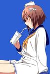  bad_id bad_nicoseiga_id blue_background brown_hair cup dress drinking_straw headgear kantai_collection kinosuke_(sositeimanoga) open_mouth profile sailor_dress short_hair sitting solo sweat yukikaze_(kantai_collection) 