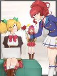  3girls aikatsu! aikatsu!_(series) blonde_hair blue_eyes blush boots bow computer flower giving hair_bow hair_ribbon highres hitoto kurebayashi_juri laptop long_hair looking_at_another multiple_girls open_mouth otoshiro_seira pink_hair ponytail red_eyes red_hair ribbon rose saegusa_kii short_hair sitting skirt smile surprised twintails 