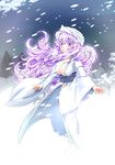  alternate_costume alternate_hair_length alternate_hairstyle arms_at_sides barefoot breasts cleavage colored_eyelashes dora_ita hat japanese_clothes kimono large_breasts letty_whiterock long_hair obi open_mouth purple_eyes purple_hair sash snow snowing solo touhou tree wide_sleeves youkai yuki_onna 