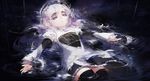  blush boots butterfly_hair_ornament chaika_trabant dress eyebrows frills hair_ornament hairband highres hitsugi_no_chaika lolita_hairband long_hair outstretched_arms partially_submerged puffy_sleeves purple_eyes rain rained ripples silver_hair solo thighhighs water wet wet_clothes 