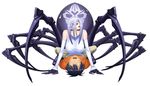  1girl arachne bare_shoulders black_hair blank_eyes breasts claws cover_image detached_sleeves extra_eyes full_body hair_between_eyes hair_over_eyes hetero insect_girl kurusu_kimihito large_breasts lavender_hair lying monster_girl monster_musume_no_iru_nichijou multiple_legs non-web_source official_art okayado rachnera_arachnera red_eyes shirt simple_background smile solid_eyes spider_girl sweatdrop taut_clothes taut_shirt white_background 