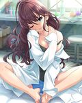  artist_request barefoot beaker blue_eyes breasts brown_hair butterfly_sitting chemistry cleavage head_tilt ichinose_shiki idolmaster idolmaster_cinderella_girls labcoat long_hair medium_breasts off_shoulder official_art open_clothes pestle shorts solo test_tube test_tube_rack wavy_hair 