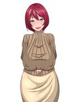  black_eyes breast_hold breasts erect_nipples female huge_breasts lips lipstick long_skirt makeup milf mole naito_(artist) naito_(pixiv12287362) original red_hair short_hair simple_background skirt smile solo sweater white_background 