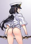  ass black_hair commentary_request cowboy_shot female_admiral_(kantai_collection) from_behind fundoshi grey_background hand_wraps hat highres japanese_clothes kantai_collection katana long_hair looking_back matsuryuu peaked_cap purple_eyes smile solo sword weapon yamakasa 