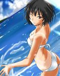  amagami ass bikini black_eyes black_hair blush bob_cut breasts cleavage commentary_request day from_behind looking_at_viewer looking_back medium_breasts murasaki_iro nanasaki_ai one_eye_closed revision short_hair smile solo swimsuit tan tanline wading water white_bikini 