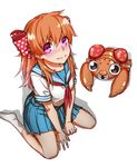  blue_skirt blush bow color_connection from_above gekkan_shoujo_nozaki-kun gen_1_pokemon hair_bow highres hu58013901 long_hair orange_hair paras pokemon pokemon_(creature) polka_dot polka_dot_bow purple_eyes sakura_chiyo school_uniform serafuku sitting skirt socks wariza white_legwear 