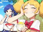  aikatsu! aikatsu!_(series) blonde_hair blue_eyes blue_hair blush bow brain_freeze clenched_teeth closed_eyes cloud day grin hair_bow hair_ribbon hitoto kiriya_aoi multiple_girls one_eye_closed ribbon saegusa_kii shaved_ice side_ponytail signature sky smile tears teeth twintails 