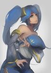  aqua_eyes bare_shoulders blue_hair breast_lift breasts highres huge_breasts league_of_legends lips long_hair looking_at_viewer pandea_work solo sona_buvelle twintails upper_body 