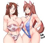  ahoge animal_ears animal_print arms_behind_back bad_id bad_tumblr_id bandeau bikini borrowed_character breast_press breasts brown_eyes brown_hair choker colo_(nagrolaz) covered_nipples cow_ears cow_horns cow_print dog_ears dog_tail ego_trigger grin hand_on_hip horns huge_breasts lass_(ego_trigger) long_hair mattie_(ego_trigger) multiple_girls original slingshot_swimsuit smile strap_gap swimsuit tail unaligned_breasts 