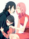  2girls bad_id bad_pixiv_id black_hair family father_and_daughter glasses hair_ornament hairclip hand_on_another's_shoulder haruno_sakura highres hug husband_and_wife mother_and_daughter multiple_girls narita_(nacyanon) naruto naruto_(series) pink_hair red-framed_eyewear short_hair smile uchiha_sarada uchiha_sasuke 