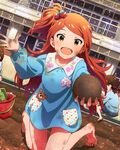  :d barefoot food food_themed_hair_ornament fruit hair_ornament idolmaster idolmaster_million_live! kindergarten_uniform name_tag official_art one_side_up oogami_tamaki open_mouth orange_eyes orange_hair smile solo_focus strawberry strawberry_hair_ornament 