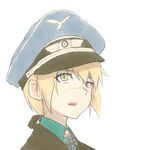 bad_id bad_pixiv_id blonde_hair facial_scar green_eyes hanna_rudel hat iron_cross jacket long_hair military military_uniform nose_scar open_mouth peaked_cap ponytail scar shiratama_(hockey) simple_background solo traditional_media uneven_eyes uniform white_background world_witches_series 