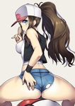  ass baseball_cap blue_eyes blush breasts brown_hair crop_top cutoffs denim denim_shorts from_behind hand_on_ass hat large_breasts long_hair looking_back midriff nagase_haruhito poke_ball pokemon pokemon_(game) pokemon_bw ponytail short_shorts shorts solo squatting thick_thighs thighs torn_clothes torn_shorts touko_(pokemon) 