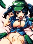  aqua_eyes blue_hair bottomless breasts breasts_apart clenched_hands collared_shirt convenient_leg cucumber gradient gradient_background groin hair_bobbles hair_ornament hat highres kawashiro_nitori key large_breasts looking_at_viewer lying navel no_panties on_back on_bed pink_background puffy_short_sleeves puffy_sleeves redcomet shirt short_hair short_sleeves solo tongue tongue_out touhou two_side_up 