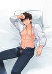  brown_eyes brown_hair cross cross_necklace fate/stay_night fate_(series) highres jewelry kotomine_kirei machi_ojisan male_focus necklace open_clothes open_shirt shirt solo 