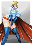  absurdres belt blonde_hair blue_eyes blue_gloves breasts cape cleavage cleavage_cutout curvy dc_comics erect_nipples female gloves highleg highres huge_breasts kryptonian leaning_forward leotard lips lipstick makeup power_girl red_lipstick shiny shiny_skin short_hair solo standing thighhighs zxc 