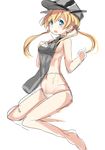  blonde_hair blue_eyes blush breast_suppress breasts haik hair_ornament hat highres kantai_collection long_hair naked_tabard navel no_bra open_mouth panties peaked_cap prinz_eugen_(kantai_collection) ribs sideboob sketch small_breasts solo tabard twintails underwear white_panties 
