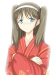  &gt;:( black_hair blue_eyes collarbone crossed_arms frown glaring hairband japanese_clothes kimono red_kimono solo syou_(crecre) toono_akiha tsukihime twintails v-shaped_eyebrows white_hairband yukata 