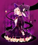  arms_behind_back borrowed_character capelet cat cecilia_(acerailgun) dress hat original purple purple_background ravee_of_titans solo white_hair witch witch_hat yellow_eyes 
