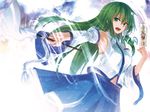  armpits detached_sleeves frog_hair_ornament gohei green_eyes green_hair hair_ornament ibuki_notsu kochiya_sanae long_hair long_sleeves looking_at_viewer navel open_mouth outstretched_arm shirt skirt snake_hair_ornament solo spell_card touhou very_long_hair wide_sleeves wind 