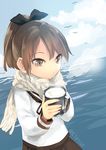  blowing breath brown_eyes brown_hair cloud cup day hair_ribbon kantai_collection long_sleeves nabi_(w44k16) o3o ocean ponytail ribbon scarf school_uniform serafuku shikinami_(kantai_collection) solo twitter_username 