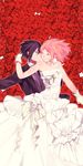  1girl black_hair closed_eyes couple dress flower formal gloves haruno_sakura hetero long_hair naruto naruto_(series) pink_hair rose short_hair smile suit u_928 uchiha_sasuke 