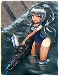  chromatic_aberration fang gia long_hair one-piece_swimsuit orange_eyes original school_swimsuit silver_hair solo swimsuit tan tanline water weapon 