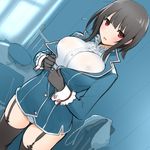  black_gloves black_hair black_legwear blue_background blush breasts covered_nipples cowboy_shot dutch_angle flying_sweatdrops garter_straps gloves kantai_collection large_breasts looking_at_viewer no_headwear panties pantyshot red_eyes revision sano_toshihide short_hair simple_background sketch solo takao_(kantai_collection) thighhighs unbuttoning underwear uniform white_panties 