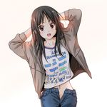  akiyama_mio bangs black_eyes black_hair casual collarbone cowboy_shot denim dresstrip eyebrows_visible_through_hair jacket jeans k-on! long_hair looking_at_viewer midriff navel open_clothes open_fly open_jacket open_mouth pants simple_background solo unbuttoned unzipped white_background 