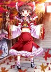  :d blush bobby_socks bow brown_hair detached_sleeves e.o. frilled_shirt_collar frills hair_bow hair_tubes hakurei_reimu highres large_bow long_skirt mary_janes midriff navel open_mouth red_eyes shoes skirt smile socks solo torii touhou yin_yang 