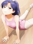  arched_back arm_support ass ballet_slippers bangs bare_shoulders blue_hair blush breasts brown_eyes clenched_teeth flexible high_ponytail idolmaster idolmaster_(classic) indoors kisaragi_chihaya leg_warmers leotard long_hair looking_at_viewer lying on_stomach pantyhose pink_leotard plantar_flexion ponytail shadow shiny shiny_hair small_breasts solo stretch sunsun69 teeth white_legwear wince wooden_floor 