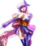  1girl ayane_(doa) bare_shoulders bow breasts cleavage dead_or_alive detached_sleeves purple_hair robert_porter solo 