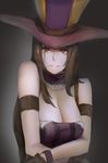  bare_shoulders breasts brown_hair caitlyn_(league_of_legends) cleavage gloves hat highres large_breasts league_of_legends long_hair looking_at_viewer pandea_work red_eyes smile solo underwear upper_body 