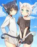  animal_ears aobe_mahito black_hair blush bottomless cat_ears cat_tail catboy choker clothes_writing covered_nipples english fuck-me_shirt green_eyes heart intertwined_tails meme_attire multiple_boys original otoko_no_ko profanity shirt sweat tail white_hair yellow_eyes 