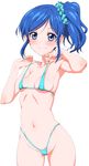  adjusting_clothes adjusting_swimsuit aikatsu! aikatsu!_(series) bikini blue_bikini blue_eyes blue_hair blush breasts clearite collarbone cowboy_shot groin highleg highleg_bikini highleg_swimsuit highres kiriya_aoi looking_at_viewer micro_bikini navel ponytail short_hair small_breasts smile solo swimsuit white_background 
