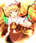  :d ascot ayagi_daifuku blonde_hair bow flandre_scarlet frills hair_bow hat looking_at_viewer open_mouth red_eyes red_skirt ribbon short_hair side_ponytail skirt skirt_set slit_pupils smile solo touhou v-shaped_eyebrows vest wings 